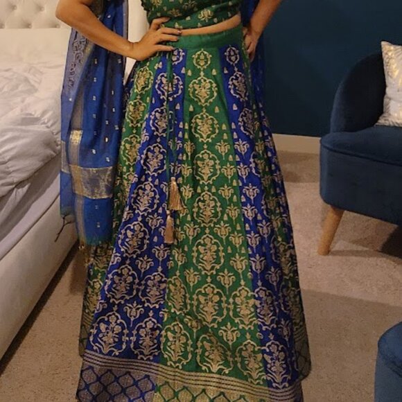 Blue and Green Patterned Lehenga - top and skirt - Picture 3 of 9